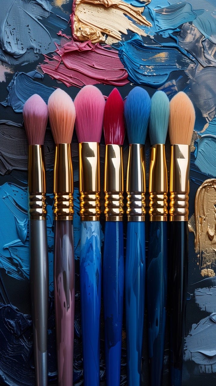 Photo of different colored paintbrushes lined up on a paint pallette