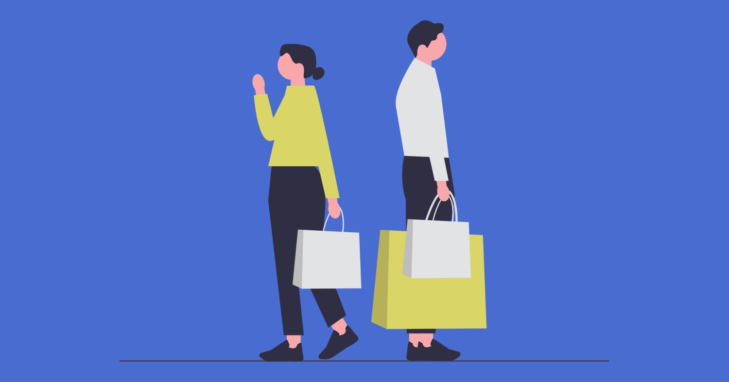 An illustration of a copule of people walking with shopping bags