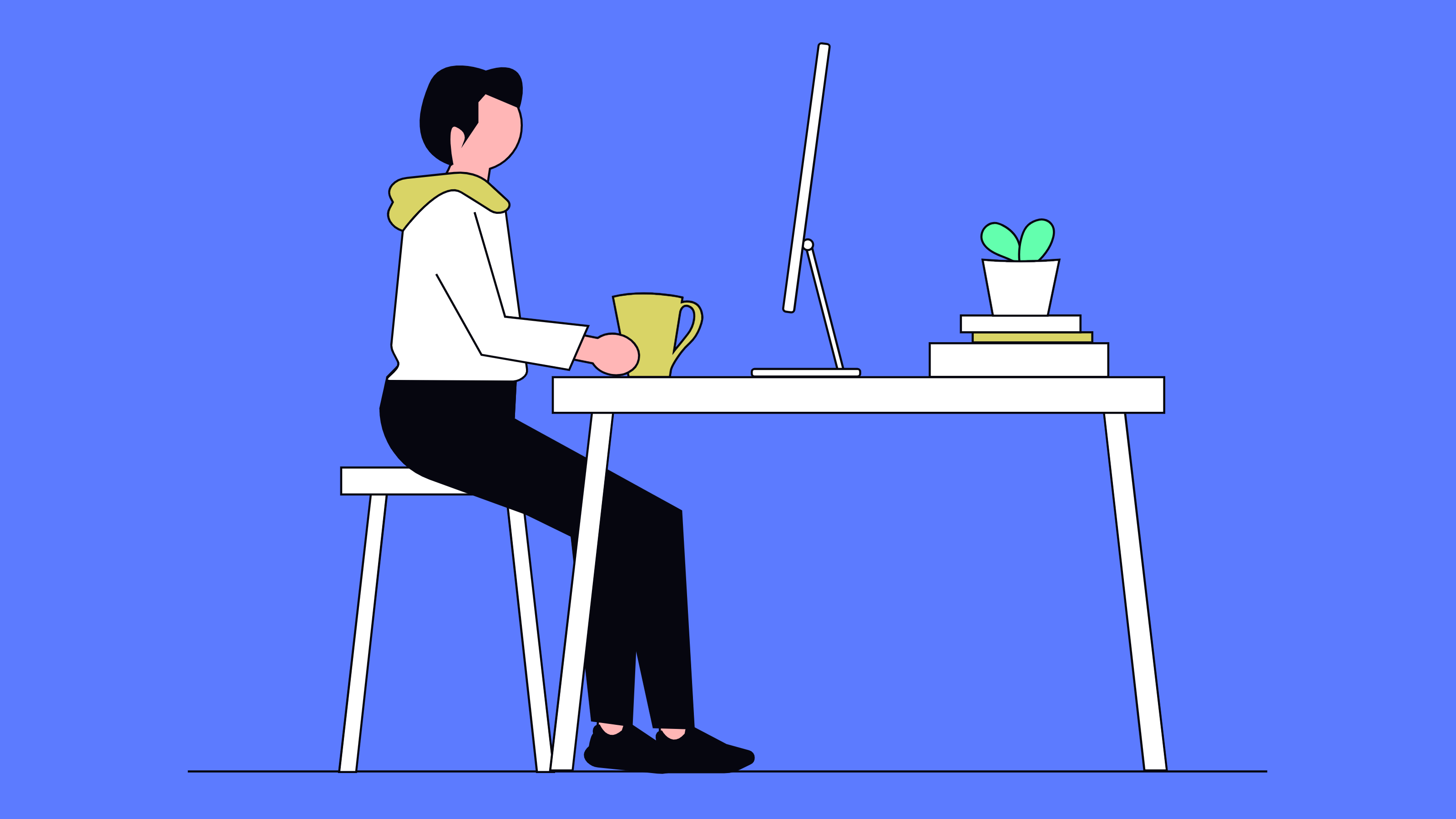 illustration of an artist at desktop with coffee cup