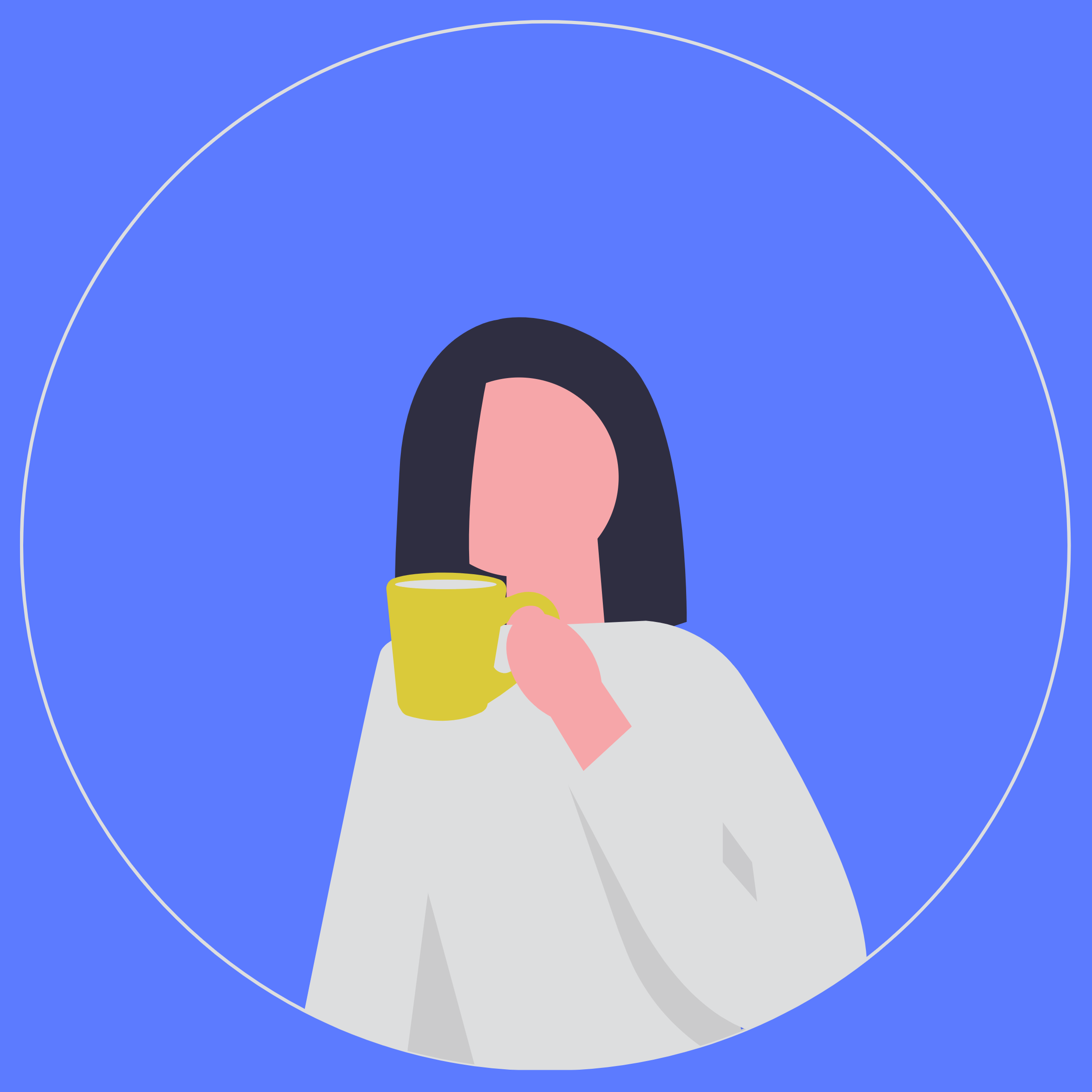 simple illustrations of a profile image of a woman with short dark hair drinking tea